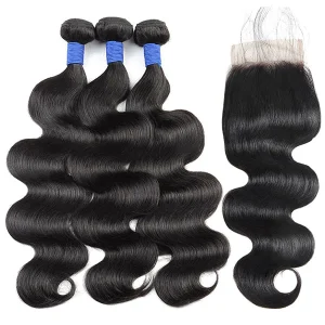 10A Brazilian Body Wave Human Hair 3 Bundles With 4*4 Lace Closure